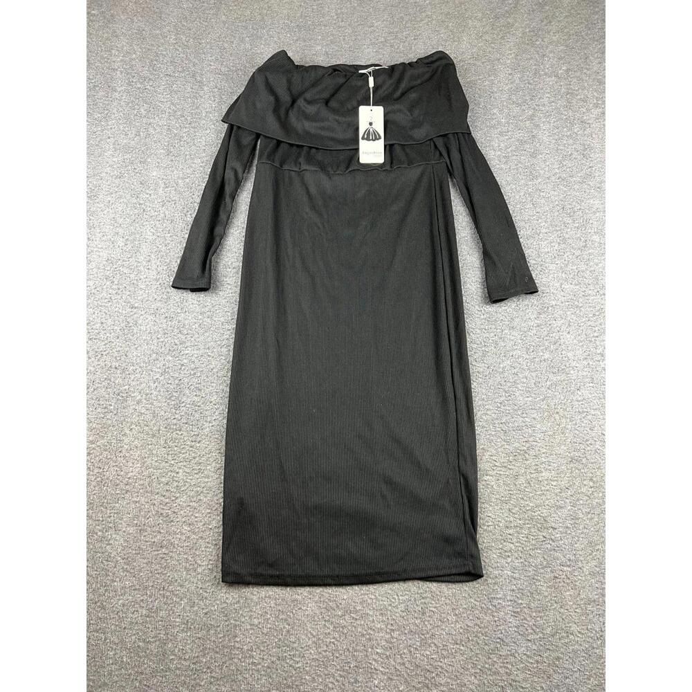 Angashion Black Off-Shoulder Long Sleeve Midi Dress Size Small